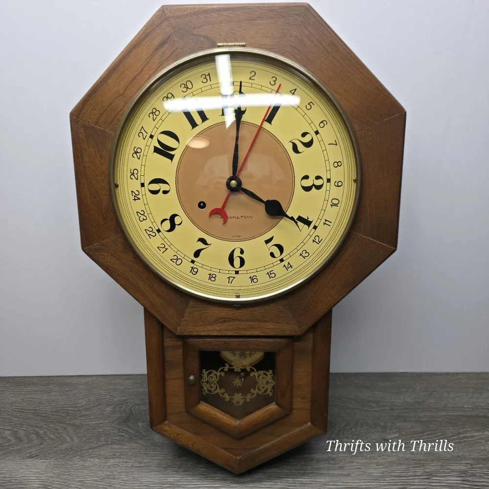 Hamilton Vintage 31-Day Drop Dial Striking Wall Clock Walnut Color W/Key And Tag